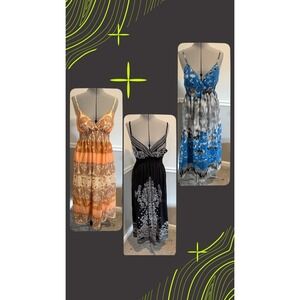She Cool Lot Of 3 Boho Summer Maxi Dress Hippie adjustable straps Large Lining